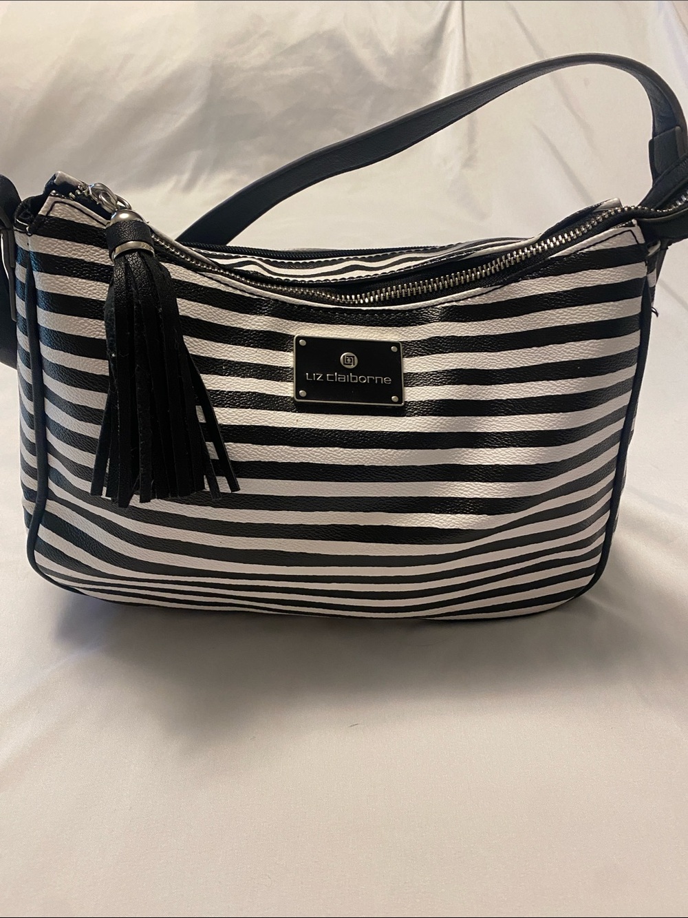Liz Claiborne Black and White Striped Shoulder Hobo with Tassel
